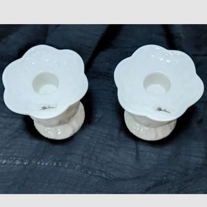 Oleg Cassini Signed White Ceramic Candle Holders Lattice n Floral VTG 3x3